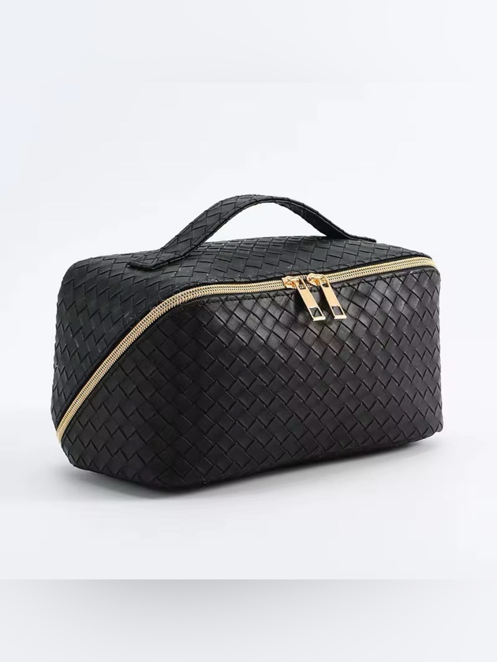 NEW LARGE CAPACITY Black Woven Travel Cosmetic Case with Gold Zipper